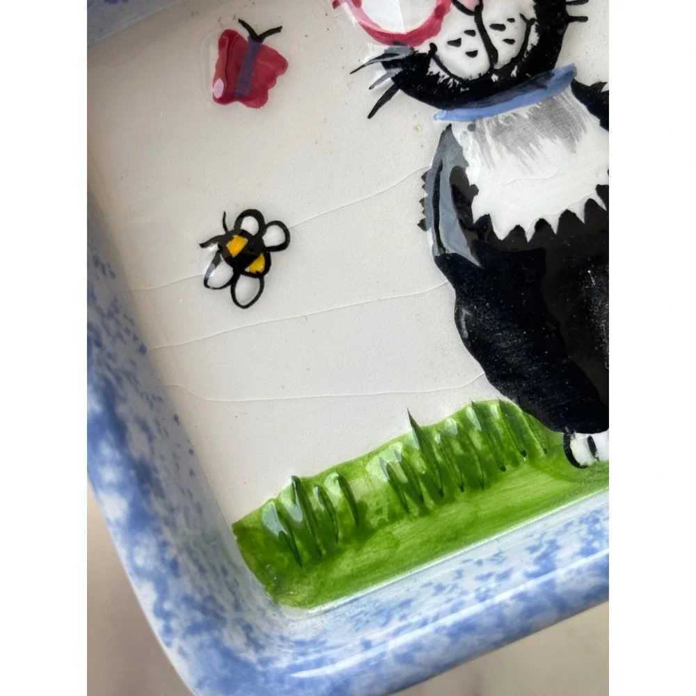 Whimsical Hand Painted Ceramic Cat Trinket Dish Eye Glass Tray Holder